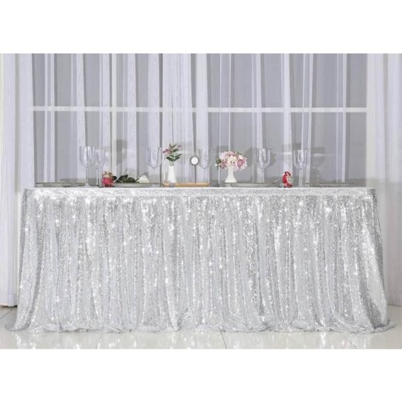 Silver Sequin Table Skirt 6 feet x 30 inch Drop Wedding Dining Tablecloth Decor - Picture 1 of 3